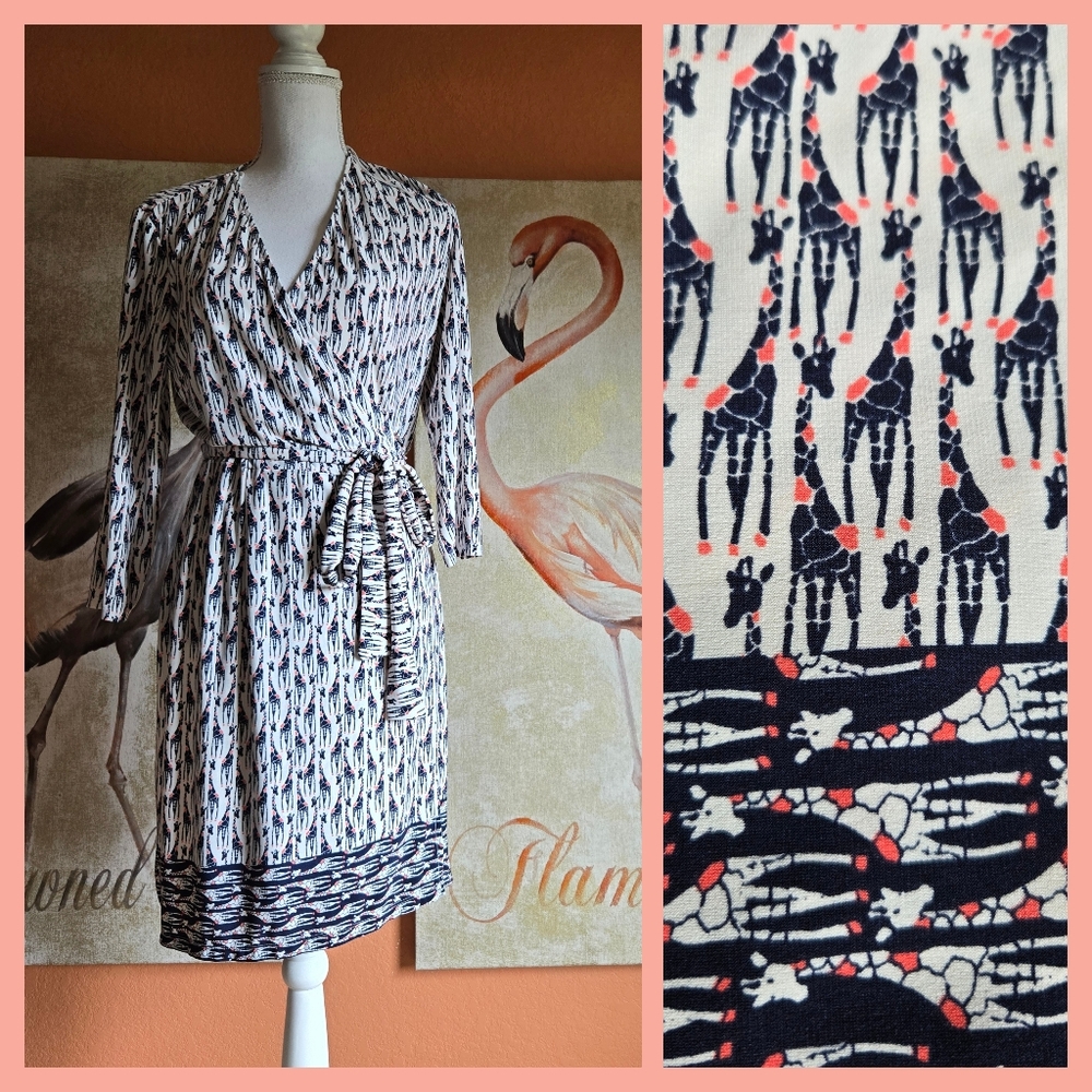 Bass Dress Wrap Long Sleeve V Neck Giraffe Novelty Print Navy Blue Large Safari